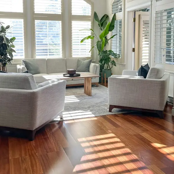 Sunlit staged living room with hardwood floors