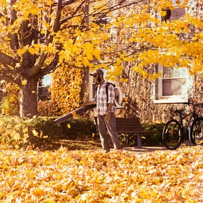 Crew member clearing autumn leaves with a leaf blower
