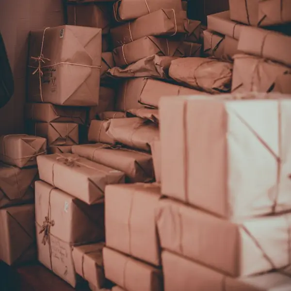 Stacks of kraft-paper parcels tied with string